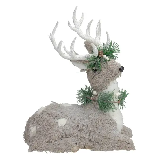 Northlight Sitting Sisal Reindeer with Wreath Christmas Figure - 12.75" - Gray {1}