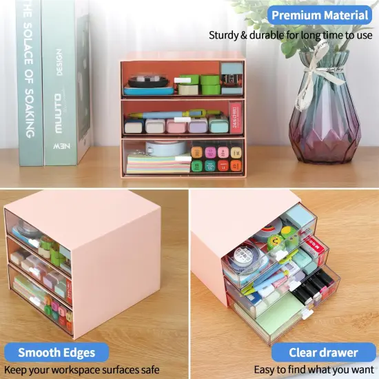 Desk Organizer with 4 Drawers, Clear Plastic Desk Storage Box, Desktop Organization for Office Supplies, Gel Pens, Pencils, Markers, Tape, Erasers, Paperclips, Chargers (Pink w 3Draws) {3}