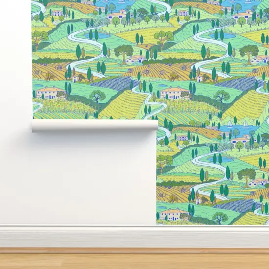 Peel & Stick Wallpaper 2FT Wide Multicolor Painting Farmland Villa Italian Landscape Large Scale Countryside Tuscan Mediterranean Custom Removable Wallpaper by Spoonflower {2}