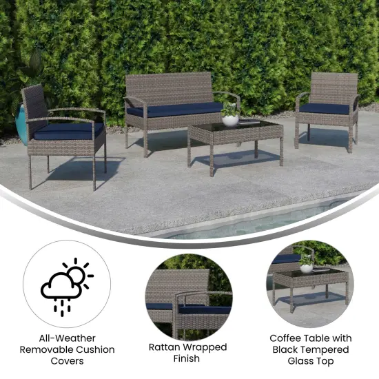 Emma and Oliver 4 Piece Patio Set with Steel Frame and Cushions - Outdoor Seating Light Gray/Navy {2}