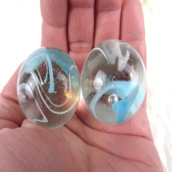 2 Boulders 35mm ARCTIC Marbles glass ball Clear Blue White Ice huge Swirl {2}