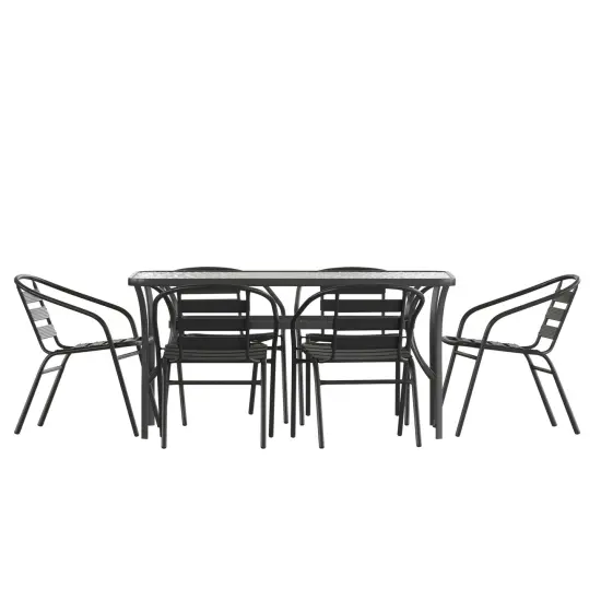 Merrick Lane Laney 7 Piece Outdoor Dining Set withTempered Glass Patio Table, 6 Stackable Metal Slat Chairs Black {1}