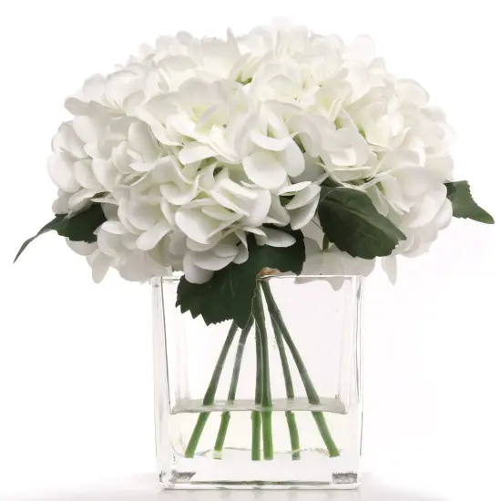 White Hydrangea Flowers in Glass Vase with Realistic Water Look - Lifelike Artificial Floral Arrangement for Home, Office & Event Decor - Floral Home by Artificial Flowers {1}