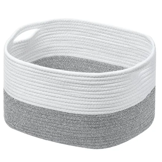 Storage Basket, Cotton Rope Woven Basket with Handles. Blanket Basket for Storing Clothes, Toys, Books, Shelves etc, 15''L x 10''W x 9.5''H, Gray/Off White {2}