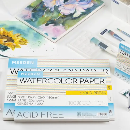 MEEDEN Watercolor Paper Block, 100% Cotton Watercolor Paper Pad of 20 Sheets, 140lb/300gsm, Acid-Free Art Paper for Watercolor, Gouache, Ink and More, 10" x 7" Cold Press {6}
