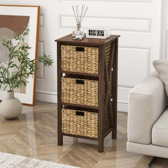 Costway 1/2 PCS 3-Tier Nightstand with 3 Seagrass Baskets Rubber Wood X-Shaped Frames 3 Drawers {2}