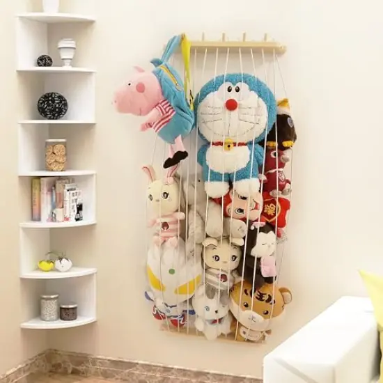 Stuffed Animal Storage Wood Plush Toys Holder with Hooks, Length Adjustable Hanging Stuffed Animal Toy Organizer Shelf for Nursery Kid Room Play Room Bedroom {6}