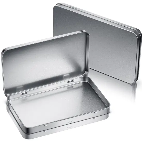 2 Pieces Metal Rectangular Tin Metal Hinged Lid Tin Metal Empty Box Container Silver Rectangular Storage Tin Box with Lid for Watercolor Jewelry Makeup Pill Candy Craft Organize (2 Pieces) {2}