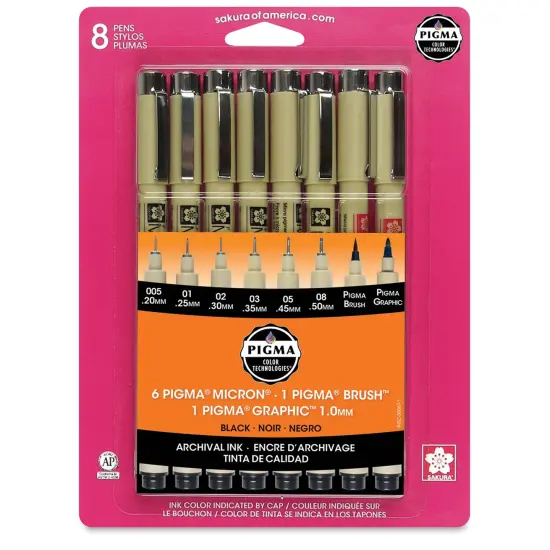 Sakura Pigma Micron, Brush and Graphic Markers - Set of 8, Black, Assorted Sizes {2}