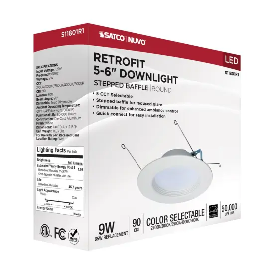 Satco 9w LED Downlight Retrofit 5-6" Adjustable Color Temperature 120v Dimmable warm-white {4}