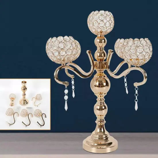5-Arm Crystal Candelabra Wedding Candle Holder Gold {3}