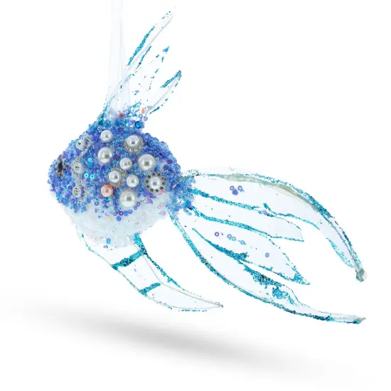 Beaded Blue Coral Reef Fish Glass Christmas Ornament {4}