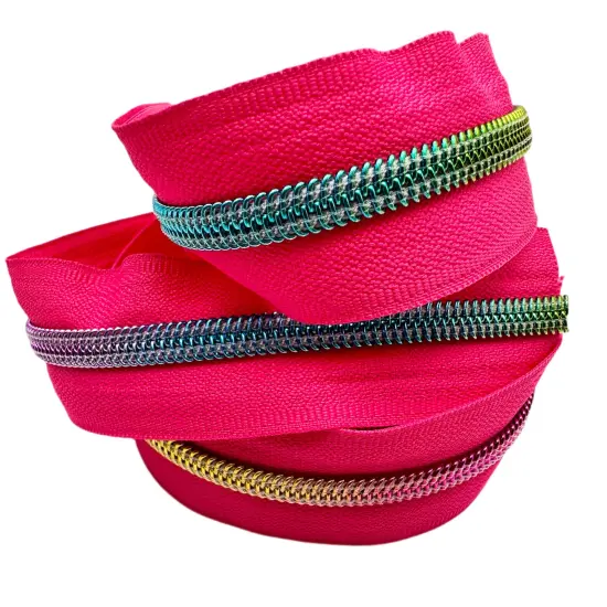 Hot Pink Tape with Rainbow Teeth Zipper Tape {1}