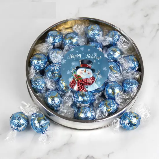 Christmas Candy Gift Tin with Chocolate Lindor Truffles by Lindt Large Plastic Tin with Sticker By Just Candy - Snowman {1}