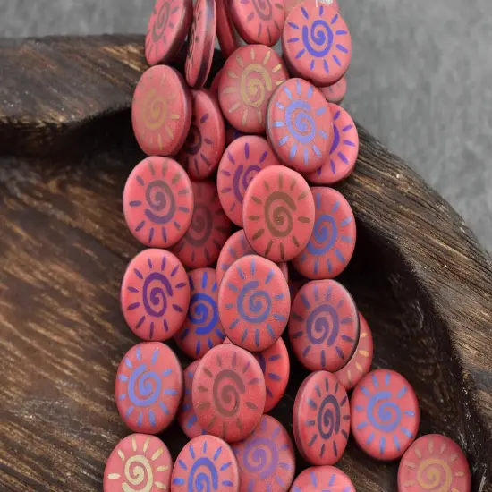 *8* 14mm Opaque Red Satin Sliperit Laser Tattoo Sun Coin Beads {2}