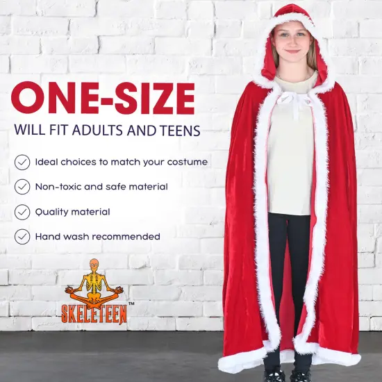 Skeleteen Red Velvet Santa Cape - Long Red Velour Hooded Cloak with White Fur Trimming Christmas Holiday Santa Claus and Mrs Claus Costume Robe with Hood - For Adults and Kids {6}