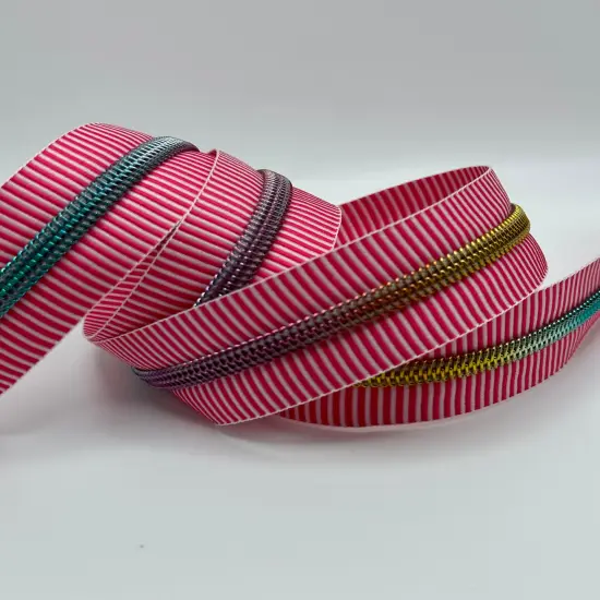 Hot pink and white stripe with rainbow teeth Zipper Tape {1}