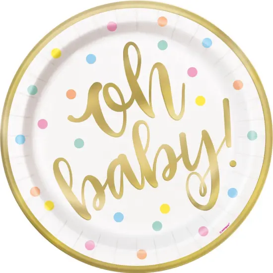 "Oh baby!" Gold Baby Shower Round 9" Dinner Plates, 8ct {1}
