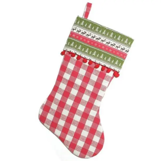 Northlight 19" Red and Green Rustic Plaid Christmas Stocking with Red Pom-Poms and Lodge Cuff {1}