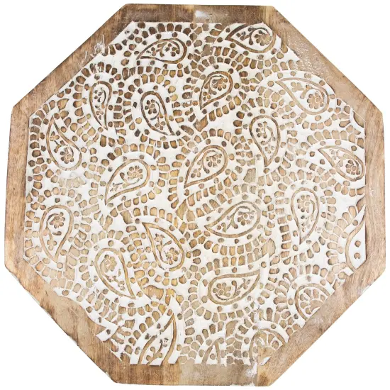Northlight 21" Wooden Brushed White Engraved Paisley Octagonal Pedestal Side Table Beige {5}