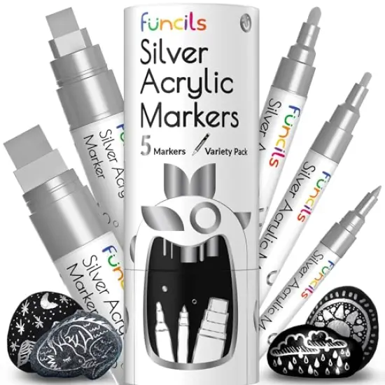 5 Acrylic Silver Paint Pen - Silver Marker Metallic Paint Pens for Fabric, Wood, Canvas, Leaf, Metal, Glass - Silver Paint Pen Fine Tip, Thin Point & Jumbo (1mm, 3mm, 6mm, 10mm, 15mm) {2}