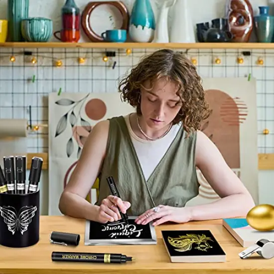 6 Pieces Liquid Mirror Chrome Markers, Silver & Gold Oil-based Permanent Chrome Mirror Paint Pens for Model Painting, Repairing, Marking or DIY Art Projects, Waterproof Reflective Gloss Metallic Markers {2}