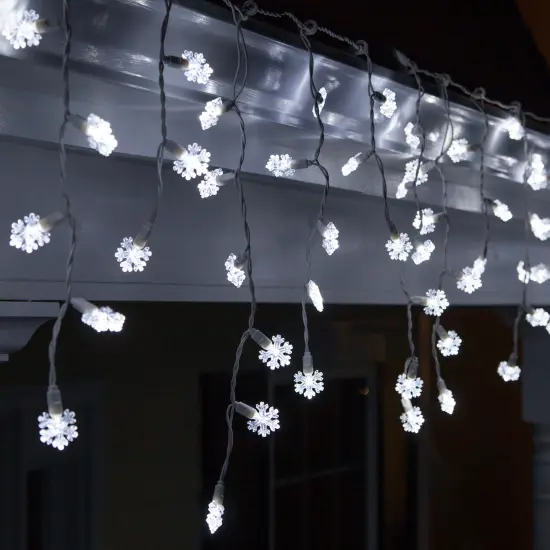 70 Cool White Snowflake LED Icicle Light Set with White Wire {5}