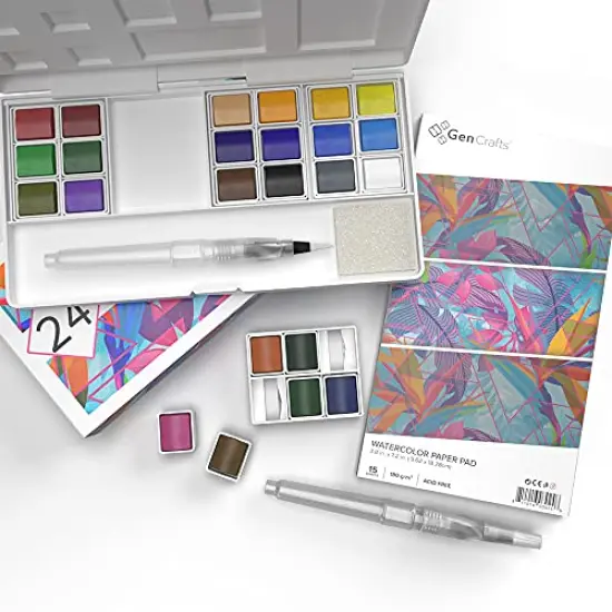 Watercolor Palette with Bonus Paper Pad 24 Premium Colors - 2 Refilable Water Brush Pens - 15 Sheets of Water Color Paper - Portable Painting {6}