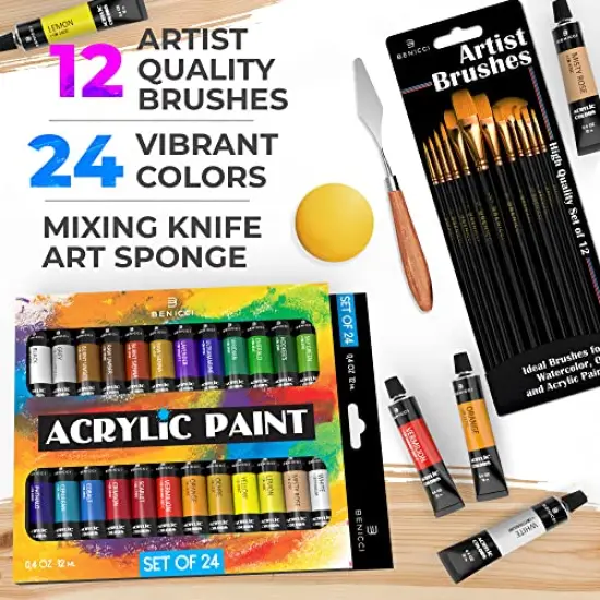 Complete Acrylic Paint Set &ndash; 24х Rich Pigment Colors &ndash; 12x Art Brushes with Bonus Paint Art Knife & Sponge &ndash; for Painting Canvas, Clay, Ceramic & Crafts, Non-Toxic & Quick Dry &ndash; for Kids & Adults {1}