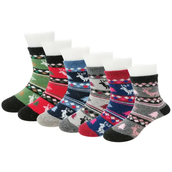 Wrapables Children's Thick Winter Warm Wool Socks (Set of 6), Christmas Reindeer / Medium {1}