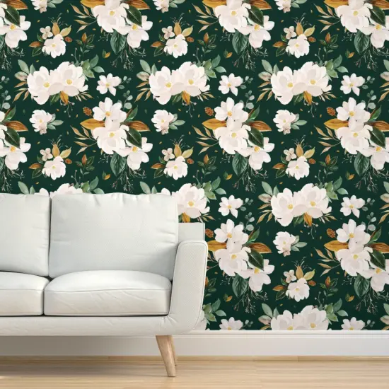Peel & Stick Wallpaper 2FT Wide Gold Floral Monstera Green Background Flower White Custom Removable Wallpaper by Spoonflower {5}