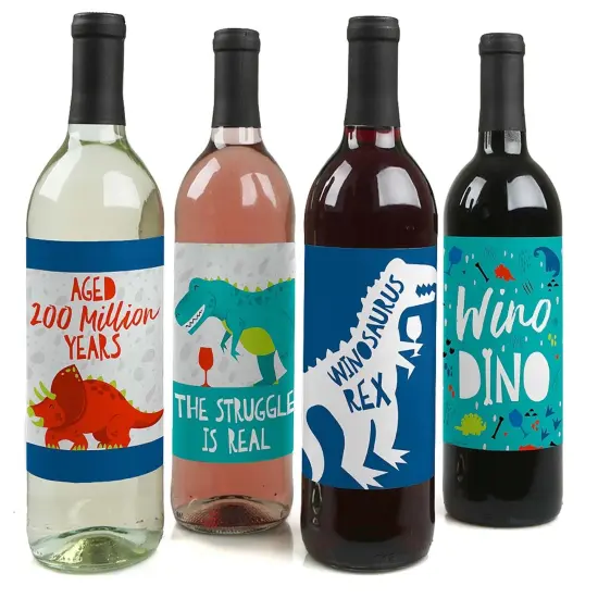 Big Dot of Happiness Roar Dinosaur - Dino Mite T-Rex Party Decorations for Women and Men - Wine Bottle Label Stickers - Set of 4 {1}