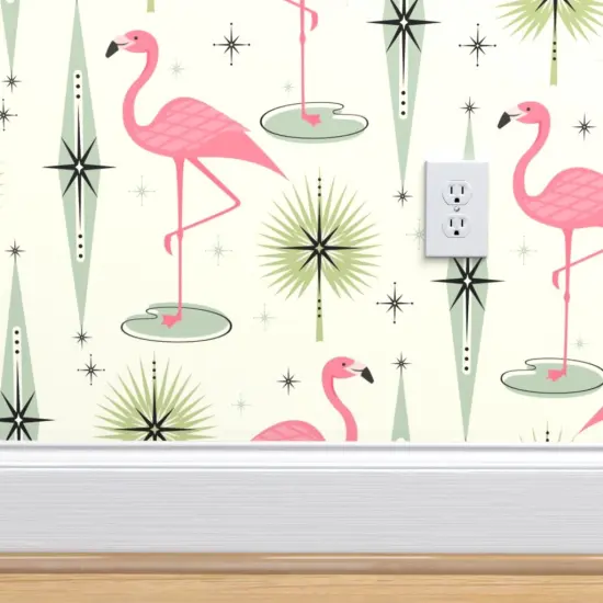 Peel & Stick Wallpaper 2FT Wide Atomic Flamingo Vertical Pink Flamingos Palm Leaves Diamonds Mid Century Retro Fifties 1950S Birds Exotic Custom Removable Wallpaper by Spoonflower {4}
