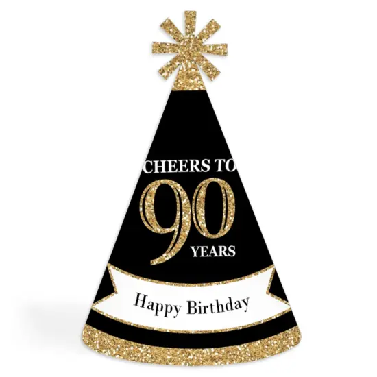 Big Dot of Happiness Adult 90th Birthday - Gold - Cone Birthday Party Hats for Adults - Set of 8 (Standard Size) {1}