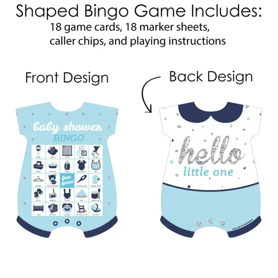 Big Dot of Happiness Hello Little One - Blue and Silver - Picture Bingo Cards and Markers - Boy Baby Shower Shaped Bingo Game - Set of 18 {4}