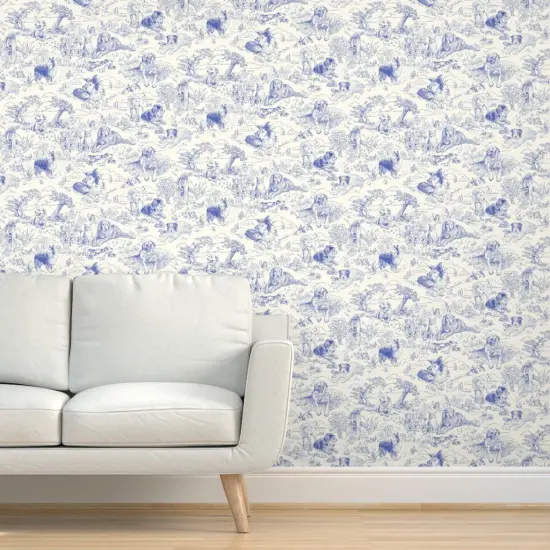 Pre-Pasted Wallpaper 2FT Wide Blue Toile Country Style Hand Drawn Landscape Traditional Collie Toil Ecru Sheep Dog Australian Shepherd Shetland Custom Pre-pasted Wallpaper by Spoonflower {5}