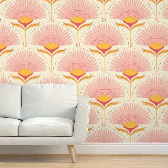 Pre-Pasted Wallpaper 2FT Wide Jumbo Palms Art Deco Palm Mid Century Blush Pink Mustard Beige Geometric Scallops Scales Large Scale Custom Pre-pasted Wallpaper by Spoonflower {5}