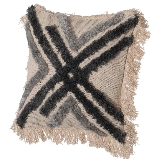 16" Handwoven Cotton & Silk Throw Fringed Pillow Cover Embossed Zig Zag & Crossed Lines Design {8}