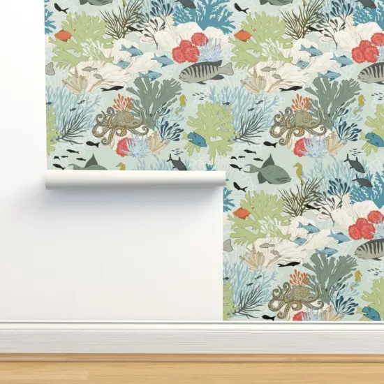 Peel & Stick Wallpaper 2FT Wide Coral Reef Sea Life Nautical Aqua Fish Beach Ocean Octopus Custom Removable Wallpaper by Spoonflower {2}
