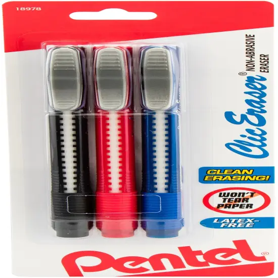 Pentel Clic Retractable Erasers 3/Pkg-Black, Red & Blue Barrels {1}