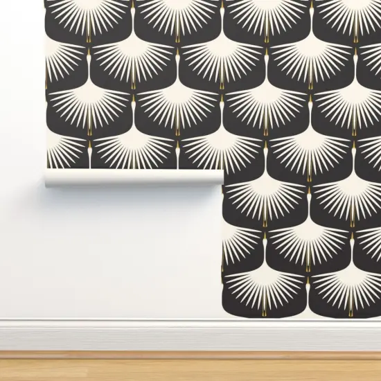 Pre-Pasted Wallpaper 2FT Wide Black And Ivory Mid Century Mod Geometric Swans Art Deco Elegant Feathers Custom Pre-pasted Wallpaper by Spoonflower {2}