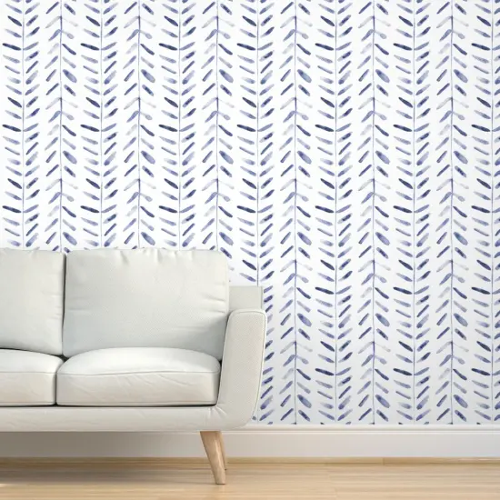 Pre-Pasted Wallpaper 2FT Wide Herringbone Hand Drawn Painterly White Blue Shibori Inspired Geometric Indigo Large Scale Simple Basic Custom Pre-pasted Wallpaper by Spoonflower {5}
