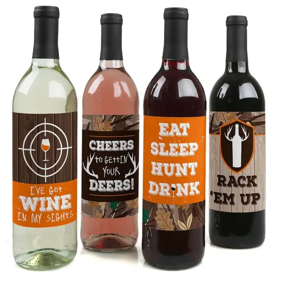 Big Dot of Happiness Gone Hunting - Deer Hunting Camo Baby Shower or Birthday Party Decor for Women and Men - Wine Bottle Label Stickers - Set of 4 {1}