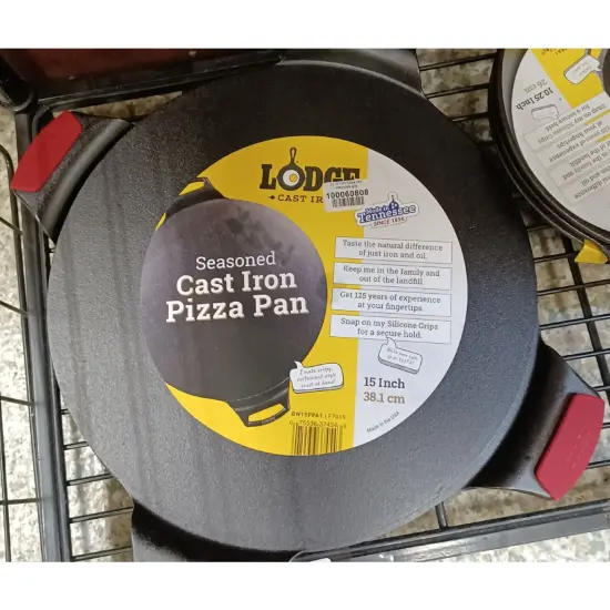 Lodge Cast Iron Pizza Pan Round Dual Handles Seasoned with Grips 15 inch {3}