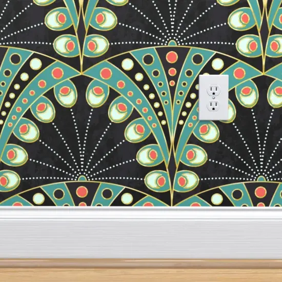 Peel & Stick Wallpaper 2FT Wide Art Deco Feather Nouveau Geometric Large Scale Boheme Symmetric Black And Teal Custom Removable Wallpaper by Spoonflower {4}