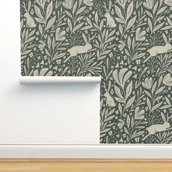 Pre-Pasted Wallpaper 2FT Wide Woodland Whimsical Folk Rabbits Botanical Magical Fairytale Folklore Custom Pre-pasted Wallpaper by Spoonflower {2}