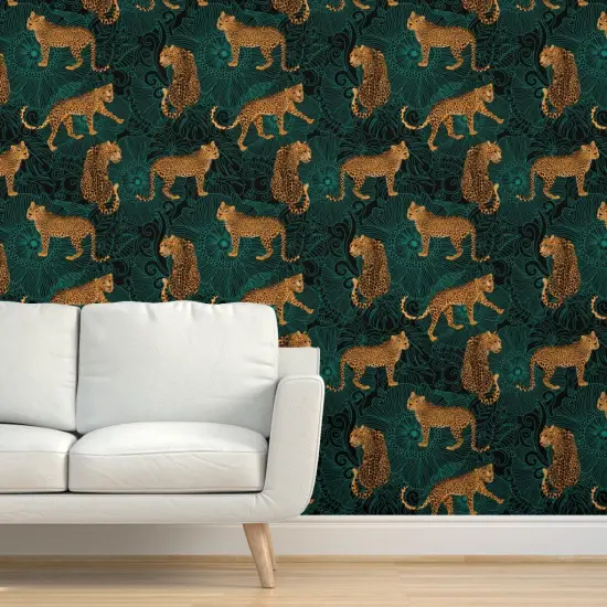 Peel & Stick Wallpaper 2FT Wide Black Green Animal Africa Leopard Cheetah Tiger Exotic Animals Maximalist Custom Removable Wallpaper by Spoonflower {5}
