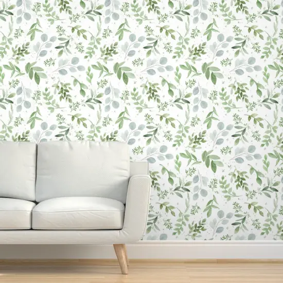 Pre-Pasted Wallpaper 2FT Wide Leaves Watercolor Botanical Greenery Soft Eucalyptus Larger Repeat Custom Pre-pasted Wallpaper by Spoonflower {5}