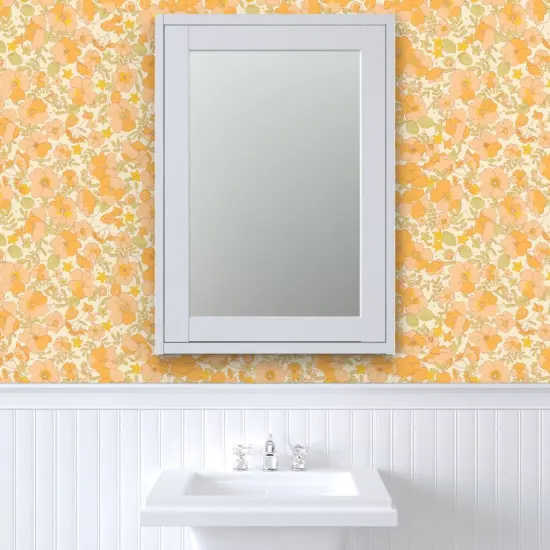 Pre-Pasted Wallpaper 2FT Wide 1970S Floral Yellow Flowers Peach 70S Nursery Sunny Blooming Bohemian Pattern Illustrated Flower Power Custom Pre-pasted Wallpaper by Spoonflower {6}