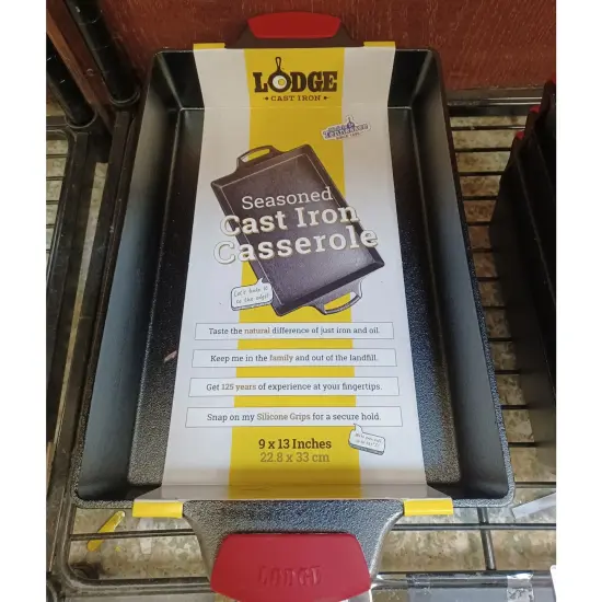 Lodge Cast Iron Baking Pan, Seasoned Casserole BW13C, Black with Dual Handle Grips 9 x 13 {3}